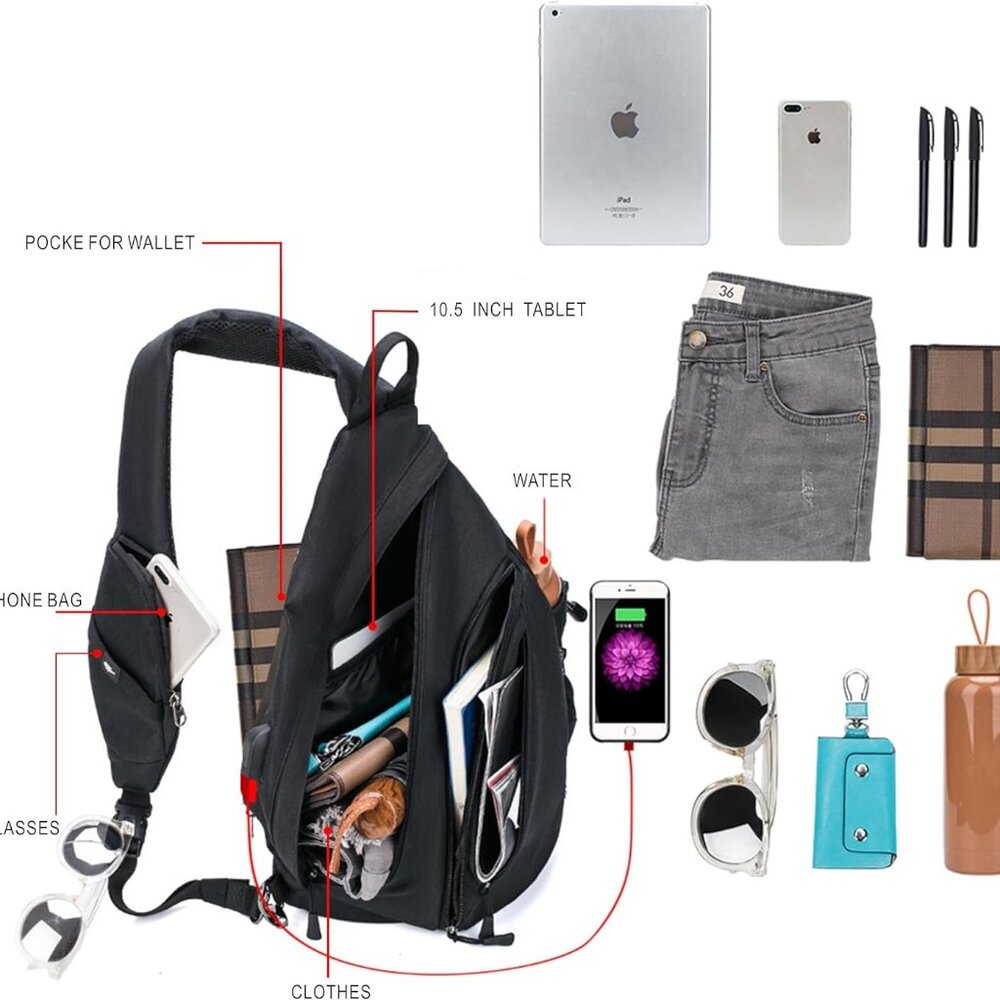 Water-Proof Sling bag/Crossbody Backpack/Shoulder Bag with USB Charging Port